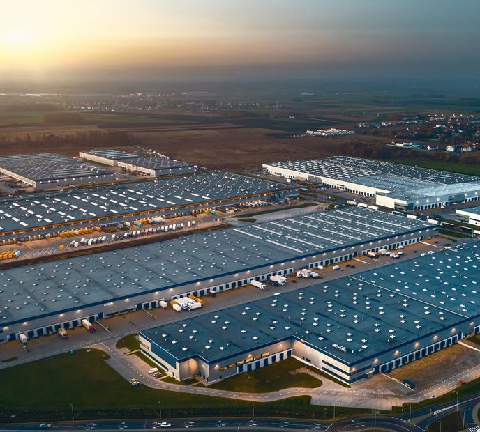An aerial view of a number of buildings